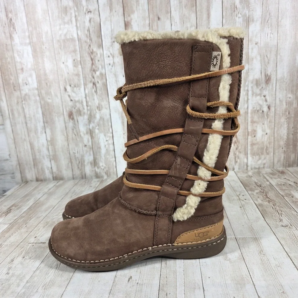 UGG Australia Sunburst Tall Brown‎ Leather Shearling Lace Up Boots 534 Womens 8
